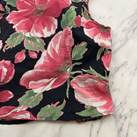 St Johns Bay Womens Vintage Y2k Wrap Crop Top Size L Black Pink Floral Tie Trim - Picture 8 of 9